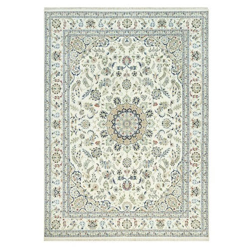 Huron White, Densely Woven Hand Knotted Nain Large Medallion Design, Floral Pattern, 250 KPSI, Vibrant Wool, Oriental Rug