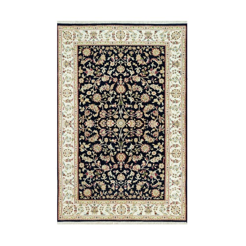 Vulcan Blue With Satin White Border, Extra Soft Wool Nain Repetitive Flower Design, Hand Knotted 250 KPSI, Oriental Rug