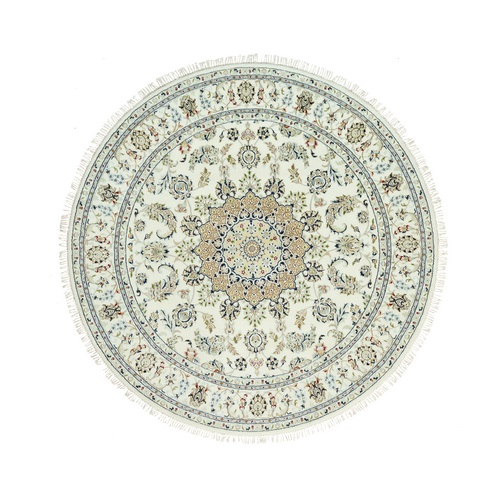 Dove White, Denser Weave Nain Central Medallion Design Surrounded By Floral Motifs, Hand Knotted Organic Wool, 250 KPSI, Oriental Round Rug