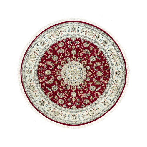 Barn Red, Densely Woven 250 KPSI, Soft Wool, Hand Knotted Nain Large Center Medallion Flower Design,  Oriental Round Rug