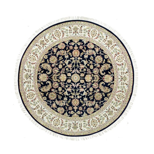 Cetacean Blue With Silky White Border, 250 KPSI, Nain All Over Flower Pattern, Hand Knotted, Pure Shiny Wool, Oriental Round Rug
