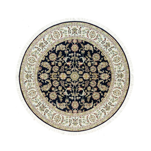 Vulcan Blue, Ivory Border, 100% Wool, Hand Knotted 250 KPSI Densely Woven, Nain All Over Flower Design, Round Oriental Rug