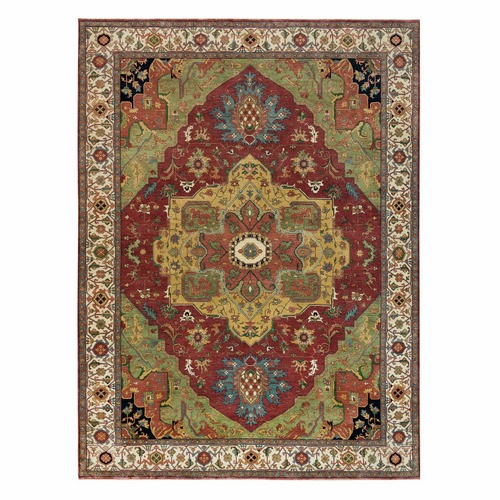 Brick Red, Pure Wool, Hand Knotted, Antiqued Fine Heriz Re-Creation, Natural Dyes, Densely Woven, Oriental Rug