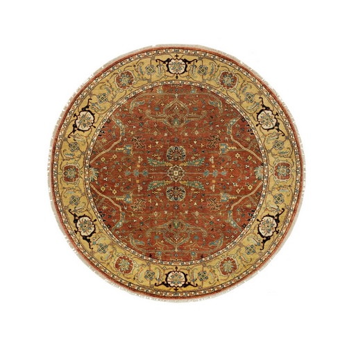 Rust Red, Hand Knotted, Pure Wool, Vegetable Dyes, Antiqued Fine Heriz Re-Creation, Round Oriental Rug