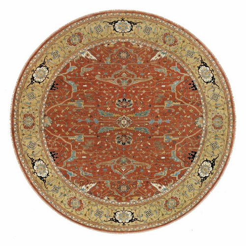 Blush Red, Soft Pile, Natural Dyes, Antiqued Fine Heriz Re-Creation, Densely Woven, Extra Soft Wool, Hand Knotted, Round Oriental Rug
