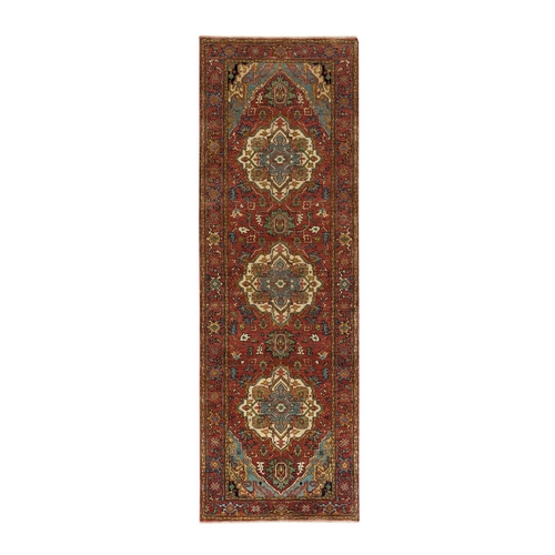 Burgundy Red, Hand Knotted Extra Soft Wool, Vegetable Dyes, Densely Woven, Antiqued Fine Heriz Re-Creation, Runner Oriental Rug