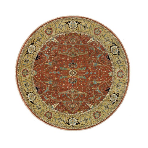 Rust Red, Antiqued Fine Heriz Re-Creation, Natural Dyes Dense Weave, Soft Wool Hand Knotted, Round Oriental Rug