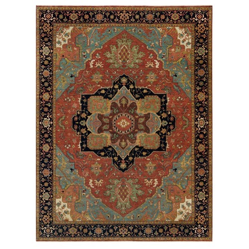 Rufous Red with Stratos Blue, Antiqued Hand Knotted Fine Heriz Re-Creation, 100% Wool Natural Dyes, Soft and Plush, Densely Woven, Oriental Rug