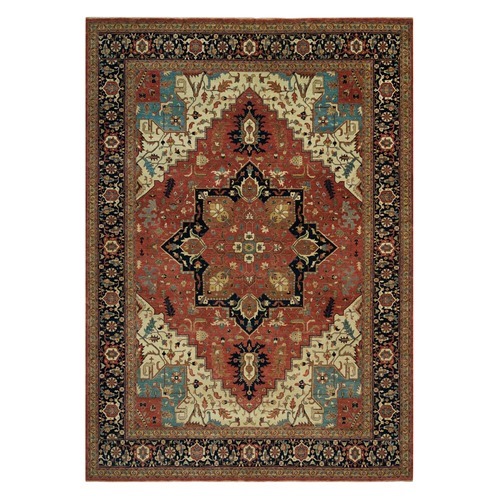 Bruschetta Red with Chiffon Ivory Corners, Pure Wool Hand Knotted Antiqued Fine Heriz Re-Creation, Vegetable Dyes, Densely Woven, Oriental Rug