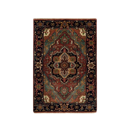 Palace Arms Red with Millenium Blue, Antiqued Fine Heriz and Re-Creation, Hand Knotted Dense Weave, Pure Wool, Mat Soft and Lush Pile Oriental Rug