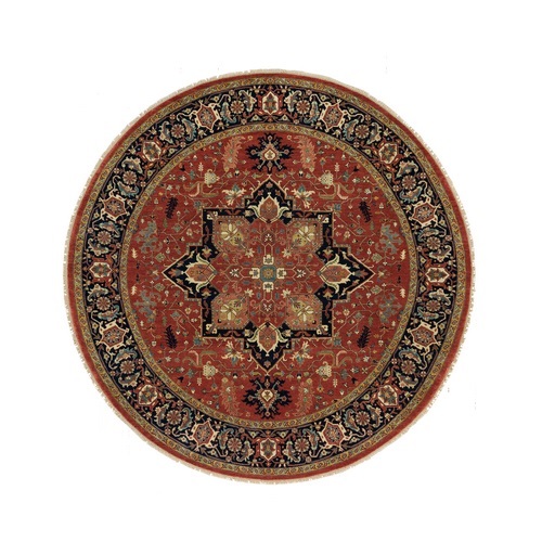 Burnt Brick Red, Vegetable Dyes Antiqued Fine Heriz Re-Creation 100% Wool Hand Knotted, Round Oriental Densely Woven Rug