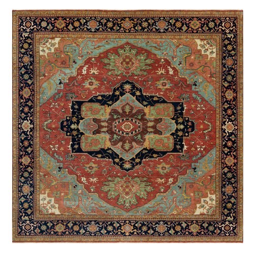 Fire Brick Red, Organic Wool Antiqued Fine Heriz Re-Creation, Vegetable Dyes Dense Weave, Hand Knotted, Square Oriental Rug