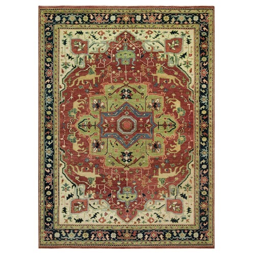 Falu Red and Oxford Blue, Supple Collection, Organic Wool Serapi Heriz With Large Medallion Design, Hand-Knotted, Soft and Vibrant Pile, Oriental 