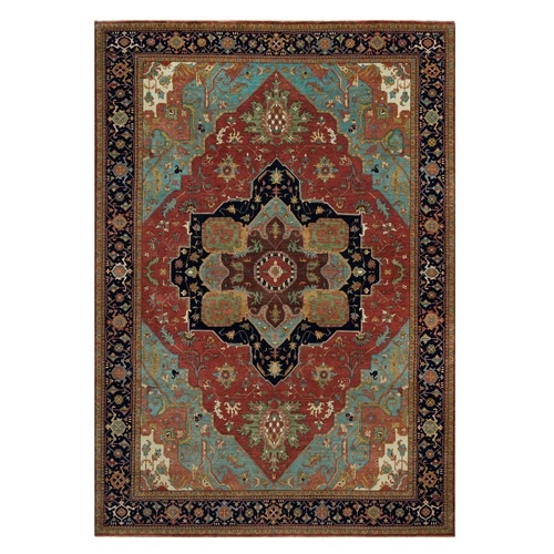 King's Red, Antiqued Fine Heriz Re-Creation With Teal Blue Corners, 100% Wool and Densely Woven Vegetable Dyes, Hand Knotted Oriental 