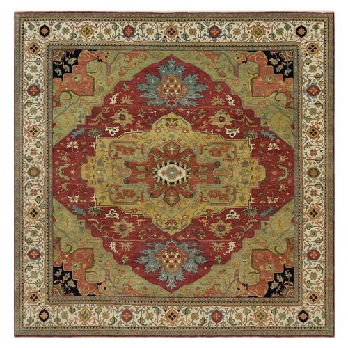Devil Red With Old Wood Ivory, Antiqued Fine Heriz Re-Creation, Vegetable Dyes, Pure Wool Hand Knotted, Square Densely Woven Oriental Rug