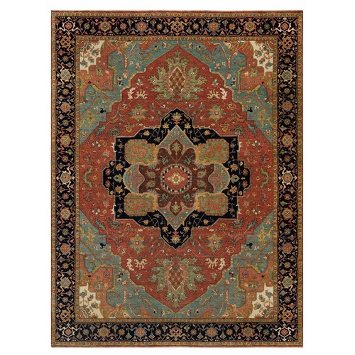 Midnight Red and Cadet Blue Corners, Soft and Lush Hand Knotted Natural Dyes Antiqued Fine Heriz Densely Woven Natural Wool Re-Creation, Oriental Rug