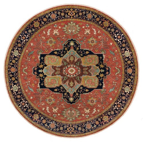 Etruscan Red, Antiqued Fine Heriz, Re-Creation, Densely Woven, Natural Wool Hand Knotted Vegetable Dyes, Round Oriental Rug