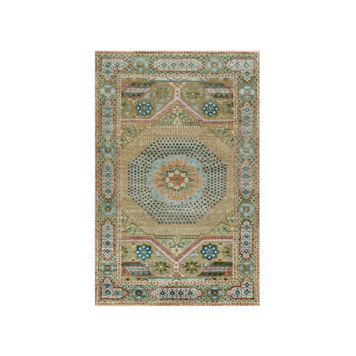 Travertine Brown, Hand Knotted Textured Wool and Silk, Mamluk Geometric Medallions Design, Oriental Rug