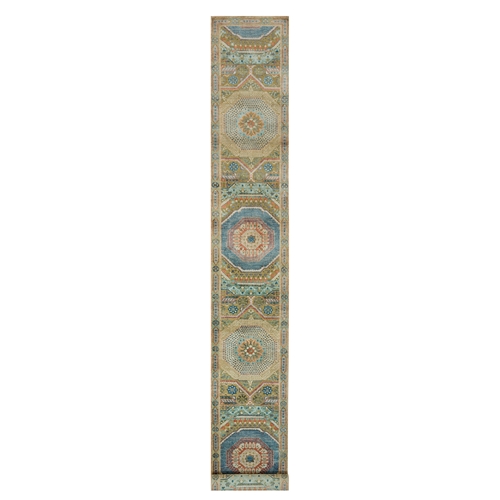 Cornstalk Brown, Hand Knotted Textured Wool and Silk, Mamluk Design with Geometric Medallions, XL Runner Oriental Rug 