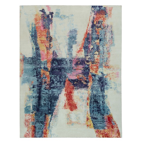 Colorful, Painter's Palette Abstract Motif Wool and Silk Modern Hand Knotted, Oriental Rug 