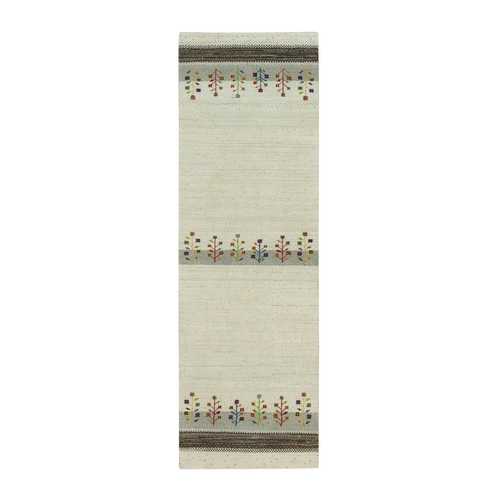 Abstract White, Hand Knotted Lori Buft Gabbeh and Tree Design, Thick and Plush Soft Pile, Extra Soft Wool, Oriental Runner 