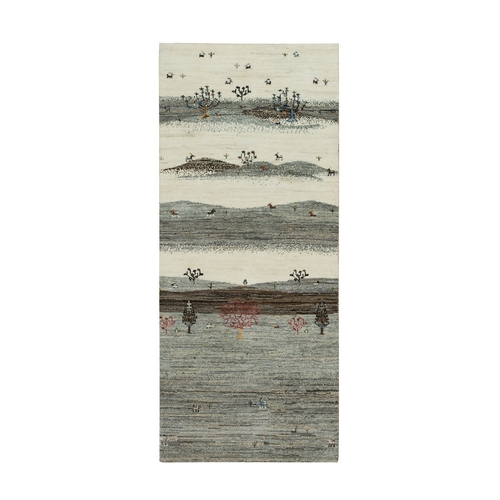 Acadia White, Modern and Striae Design, Thick and Plush, Pure Wool, Hand Knotted, Lori Buft Gabbeh with Small Animal Figurines, Runner Oriental 