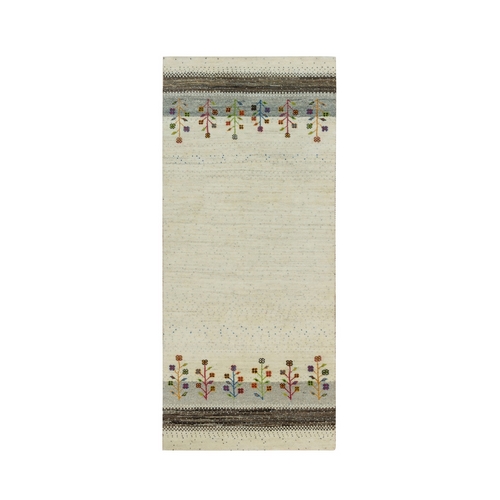 Bone White, Natural Hand-Knotted Wool Modern Lori Buft Gabbeh, Vegetable Dyes, Thick and Plush Soft Pile, Tree Design Runner Oriental Rug