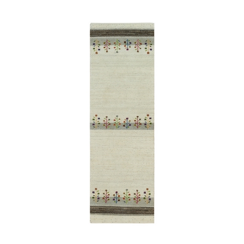Eggshell White, Gabbeh Lori Buft Modern and Tree Natural Wool Hand Knotted Design, Runner Thick and Plush Oriental 