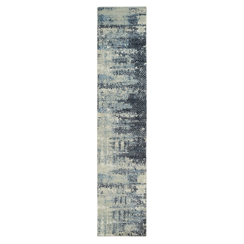 Nevada Gray, Tone on Tone, Modern Abstract with Mosaic Design, Wool and Silk Hand Knotted, Densely Woven, Vegetable Dyes, Runner Oriental Rug 
