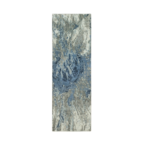 Yonder Blue, Hi and low Pile, Modern Abstract Galaxy Design, Wool and Silk,  Hand Knotted, Runner Oriental 