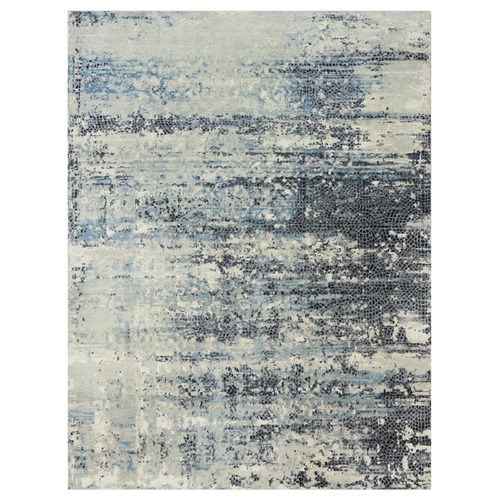 Pastel Gray, Modern Abstract with Mosaic Design, Wool and Silk, Tone on Tone, Hand Knotted, Dense Weave, Natural Dyes, Oriental Rug