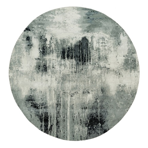 Obsidian Black with a Touch Of Feather White, Hand Knotted Abstract Design, Wool and Silk, Oriental, Round, Rug