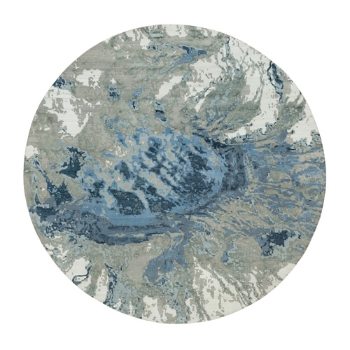 Steel Blue, Modern Abstract Galaxy Design, Hi-Low Pile, Wool and Silk, Hand Knotted, Round Oriental Rug