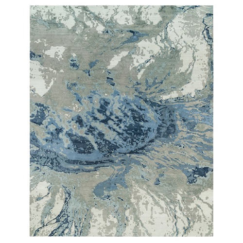 Glaucous Blue and Thunder Gray, Wool and Silk, Abstract Galaxy Design, Hand Knotted Hi-low Pile Oriental Oversized Rug