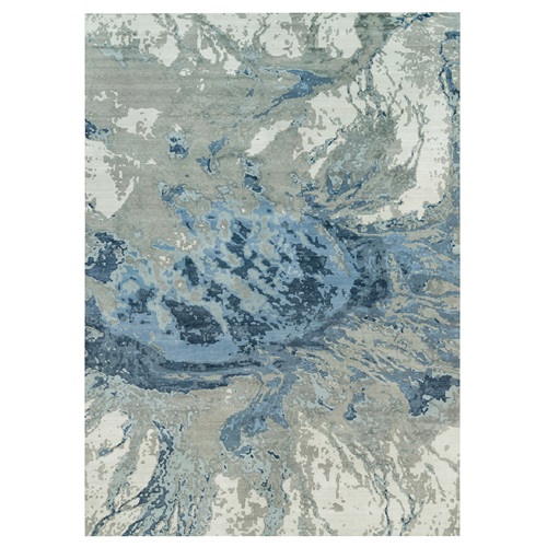 Lapis Blue, Modern Abstract Hi-Low Pile Galaxy Design, Hand Knotted, Wool and Silk, Oversized Oriental Rug