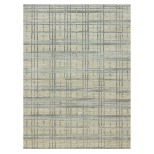 Pacer White, Neutral Wool, Hand Knotted Nepali With Jagged Lines Plaid Design, Oriental Rug