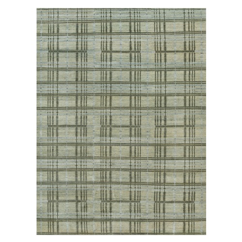 Silver Sage, Nepali Jagged Lines 100% Wool Plaid Design, Hand Knotted Oriental Rug