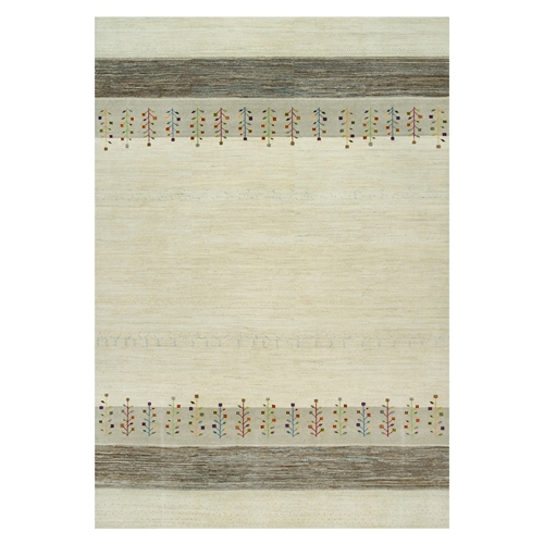 Heron White, Thick and Plush Modern Gabbeh Lori Buft  Tree Design, Extra Soft Wool, Hand Knotted Oriental Rug