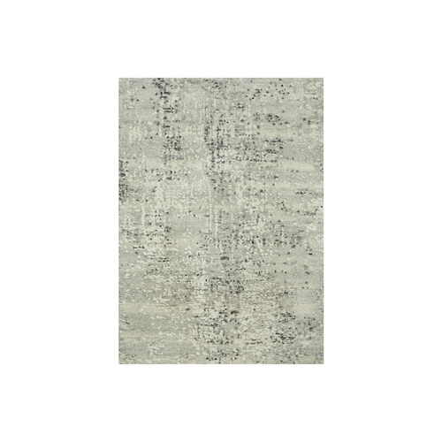 Escape Gray, Modern Hand Knotted Hand Spun Undyed Pure Wool, Cut and Loop Pile, Mat Oriental Rug
