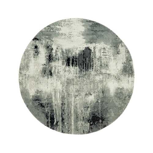 Midnight Black with Vivid White, Wool and Silk, Hand Knotted, Soft to Touch, Abstract Design, Round Oriental Rug