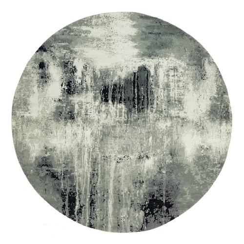 Ebony Black with Shades of Retro White, Abstract Design, Wool and Silk, Hand Knotted, Soft to Touch, Round Oriental Rug