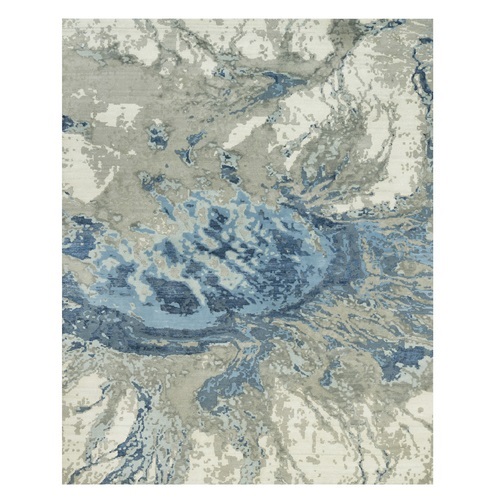 True Blue with Storm Gray, Abstract Galaxy Design with Hi and low Pile, Hand Knotted, Wool and Silk, Oriental Rug