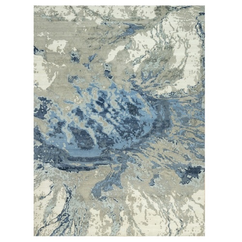 Celeste Blue with Oslo Gray, Hi and low Pile, Wool and Silk, Abstract Galaxy Design, Hand Knotted, Oriental Rug
