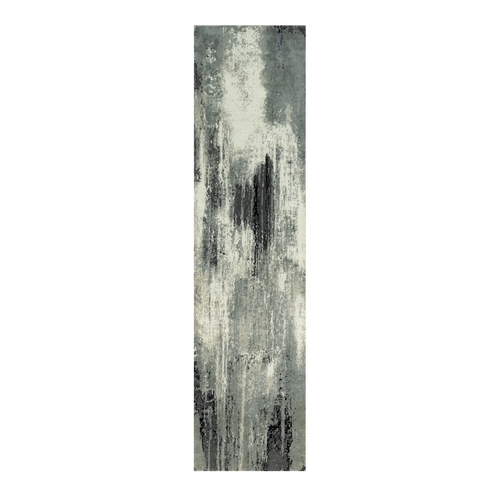 Raven Black with Shades of Delicate White, Soft to Touch Abstract Design, Wool and Silk, Hand Knotted,  Runner Oriental 