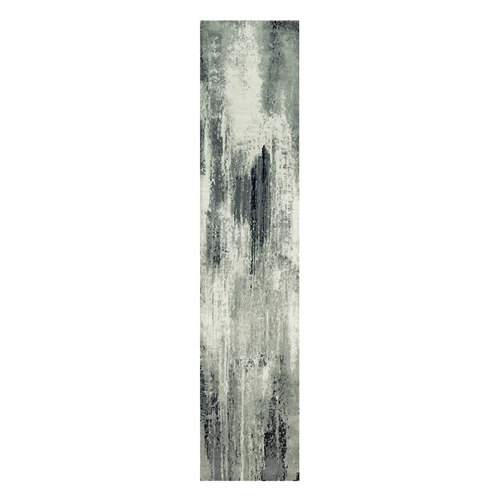 Gunmetal Black with Vivid White, Hand Knotted, Soft to Touch, Abstract Design with Wool and Silk, Runner Oriental 