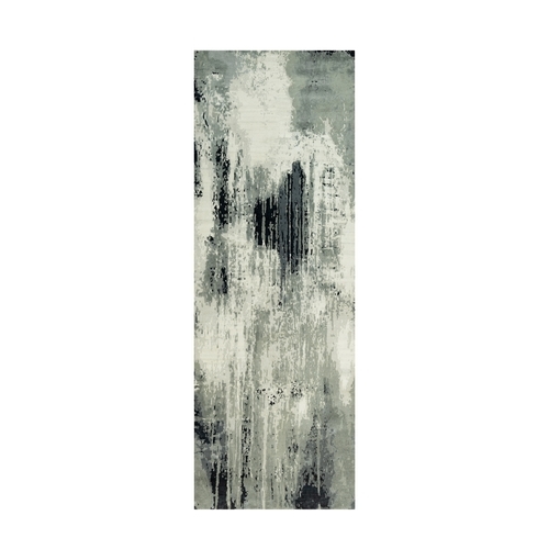 Iridium Black with a Anti-Flash White, Abstract Design with Wool and Silk, Hand Knotted, Oriental, Wide Runner Rug