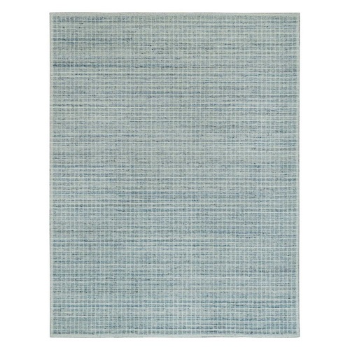 Cambridge Blue, Modern Box Design with Plain Decor Loomed Knotted, Natural Wool, Oriental Rug