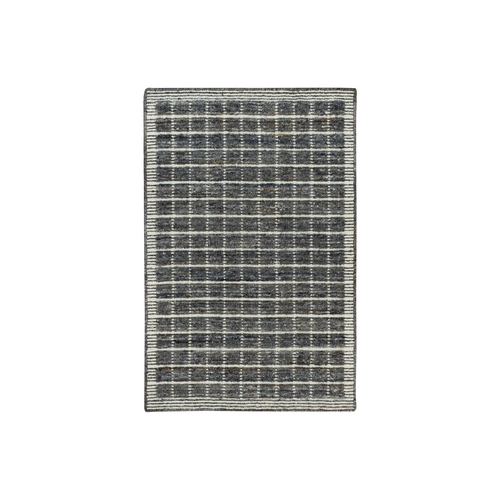 Arsenic Gray, Plain Decor, Modern Box Design, Loomed Knotted, Natural Wool Mat Oriental Rug