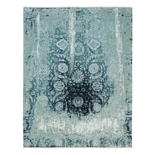 Turkish Blue, Broken and Erased Hand Knotted Persian Tabriz Design, Wool and Silk, Oriental Rug