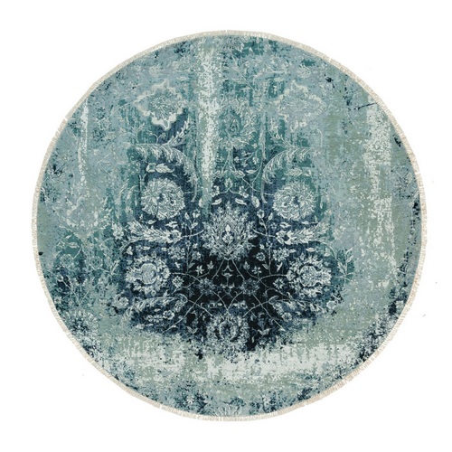 Teal Blue, Wool And Silk, Broken Persian Tabriz Erased Design, Hand Knotted Oriental Round Rug